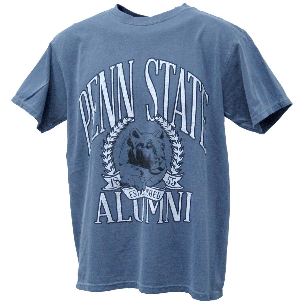 indigo short sleeve t-shirt Penn State Alumni, Established 1855, and Nittany Lion Shrine